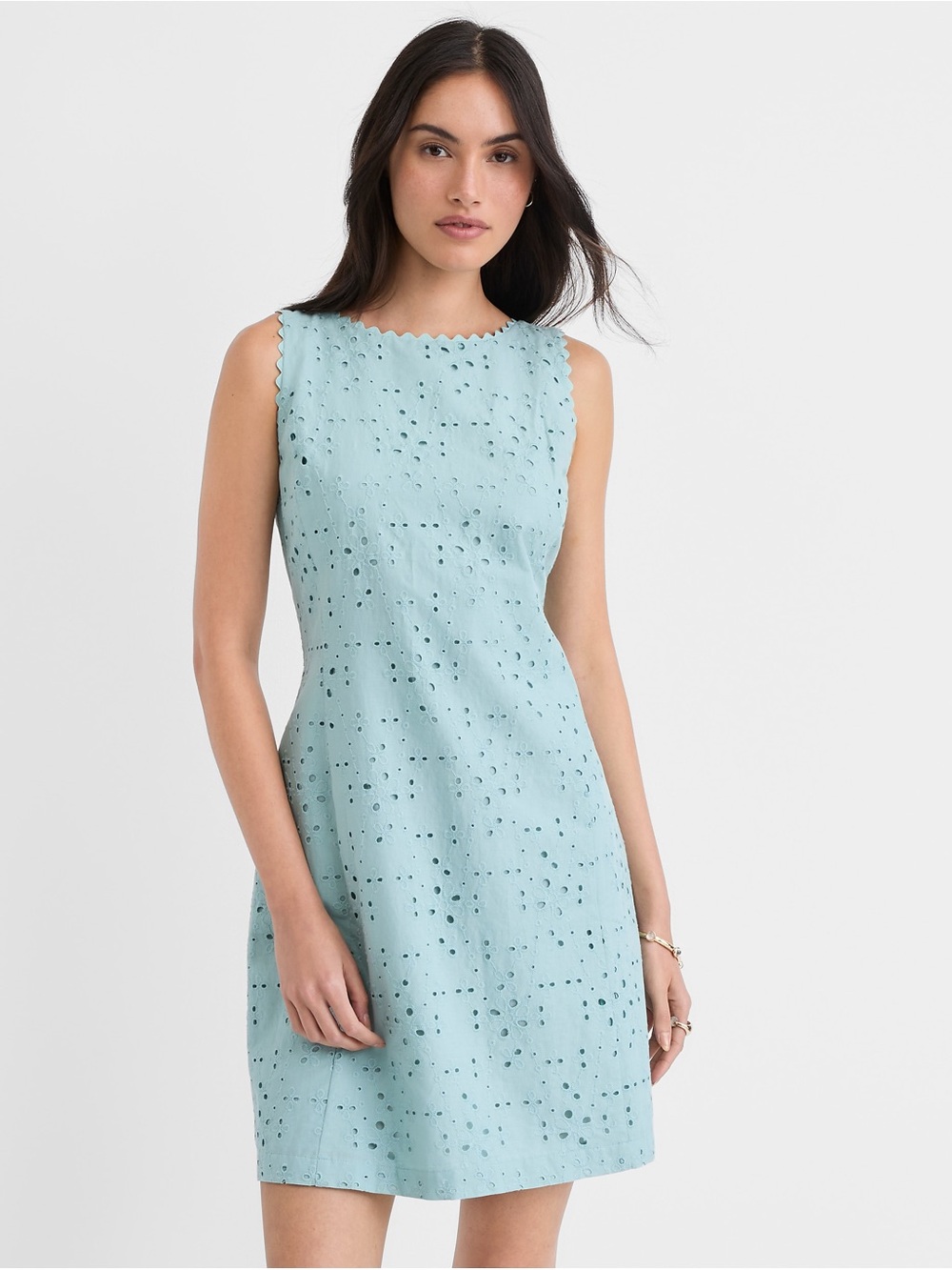 LOFT Sleeveless Scalloped Eyelet V-Back Shift Dress in Light Blue -Size 12 - NWT